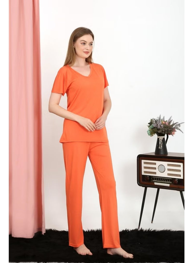 Akbeniz Women's Short Sleeve Cotton Combed Pajama Set Orange 4213 - Image 4